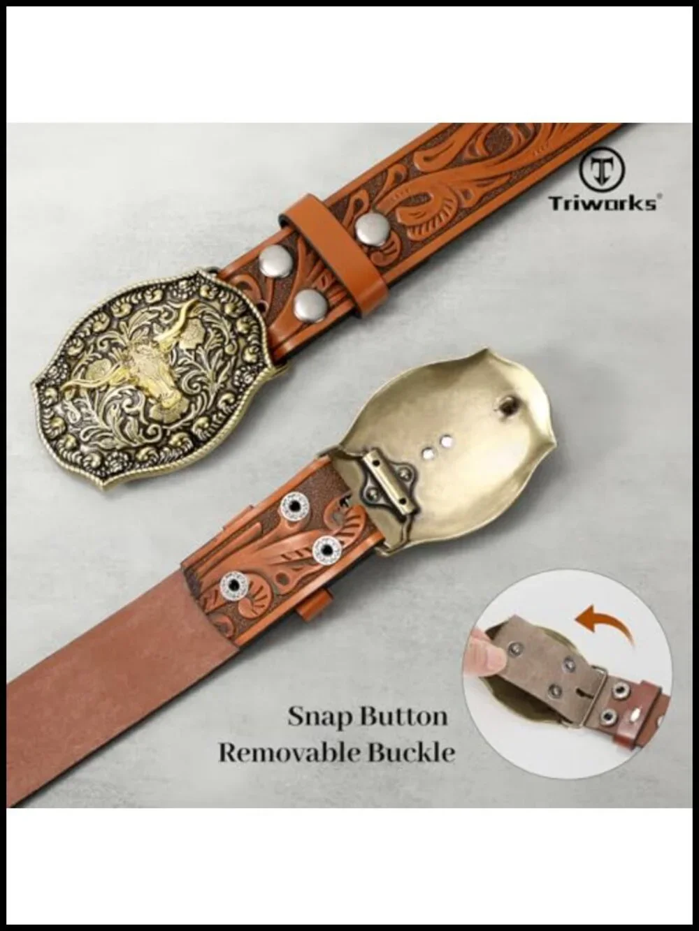 Genuine Leather Western Belt with Removable Cowboy Buckle, 1.5 Wide